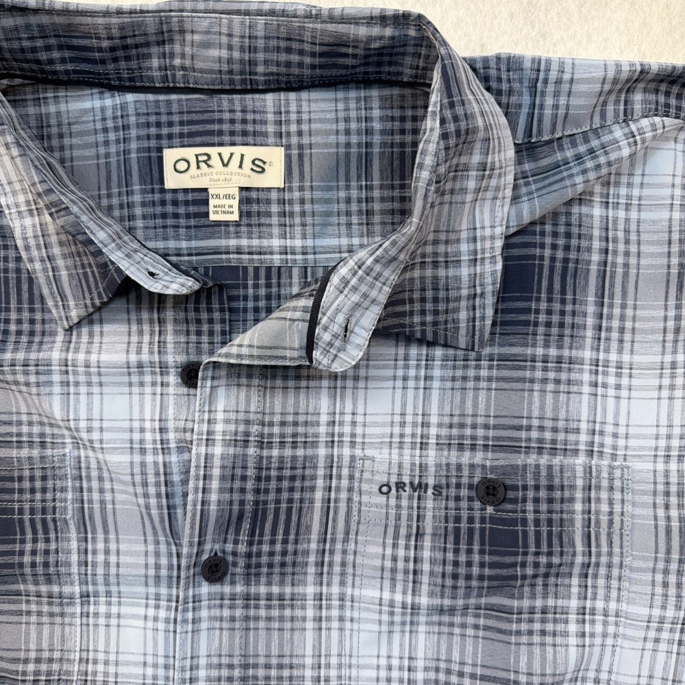 Orvis Mens XXL Blue Grey Plaid‎ Short Sleeve Button Up Shirt Classic Collection